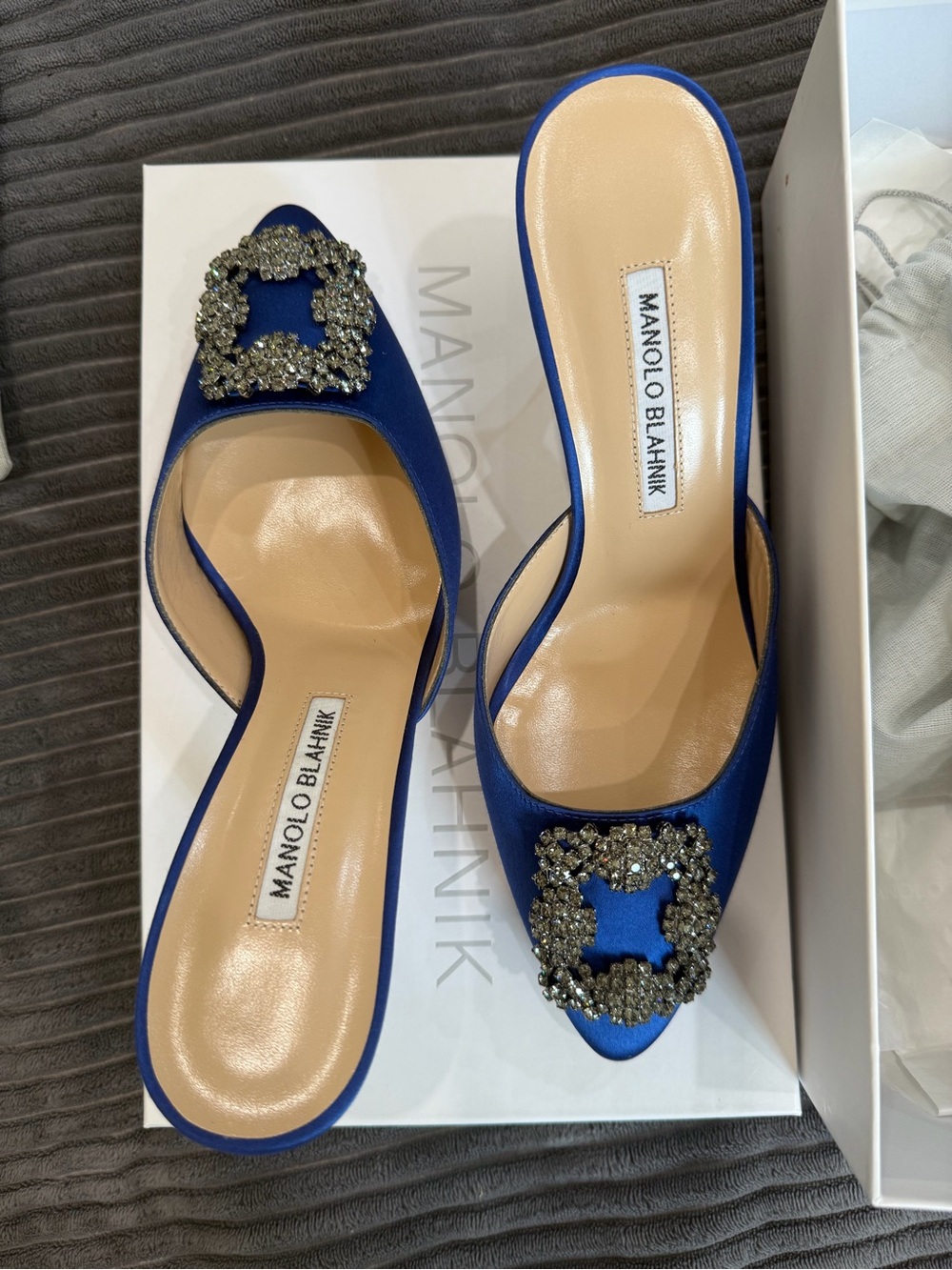 Manolo Blahnik Blue Satin Hangisi Mule with Crystal Buckle - Size 38 - Picture 2 of 5